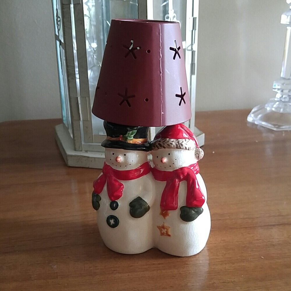 Vintage Snowman Couple Tea Light Holo